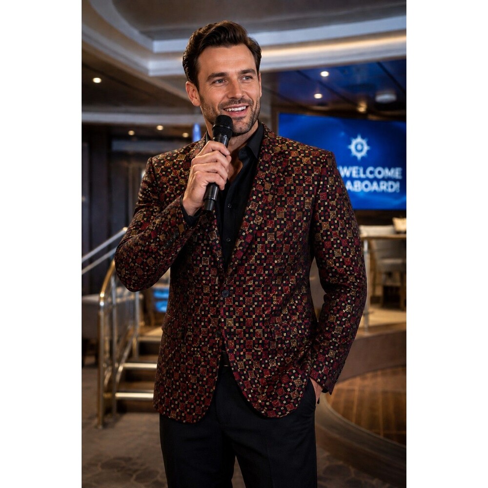 MOGU Men’s 36 Statement Blazer Jacket Red Black Gold Geometric Pattern Luxury